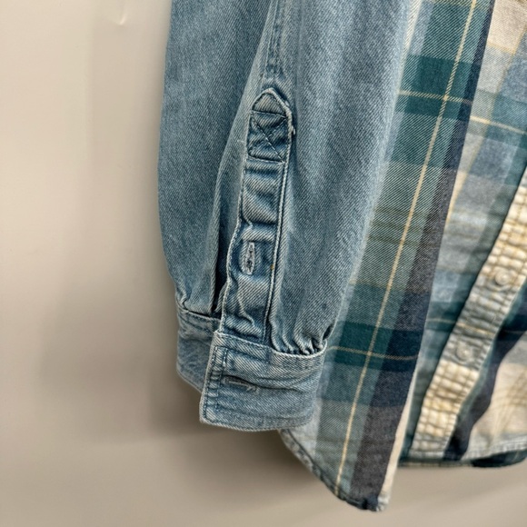 AE Mixed Denim Plaid Flannel Boyfriend Button Down Collar Shirt Women’s XS - Picture 10 of 11